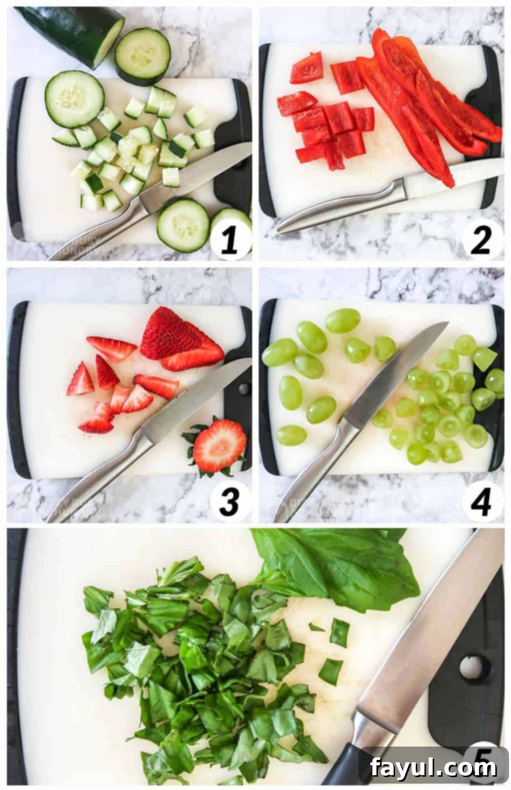 A grid of five step-by-step photos illustrating the preparation of the fruit and vegetable salad, showing each ingredient being chopped, sliced, and prepped.