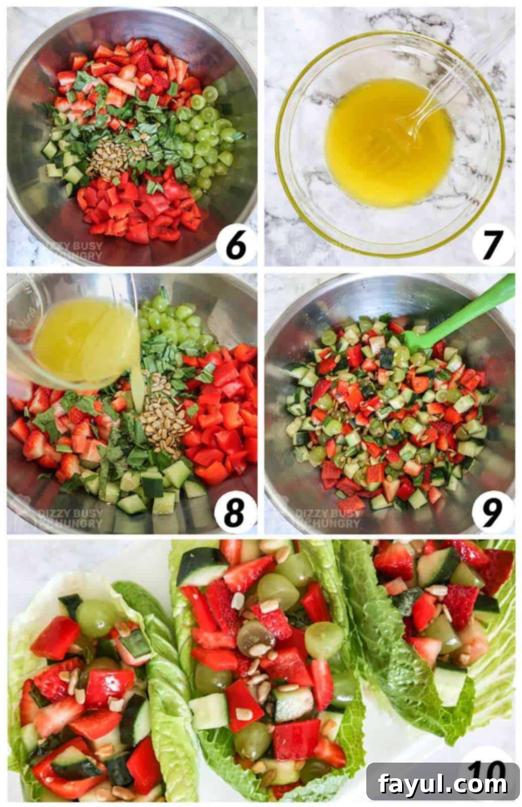 A grid of five step-by-step photos detailing the final stages of making the fruit and vegetable salad, from preparing the dressing to tossing and serving it in lettuce cups.