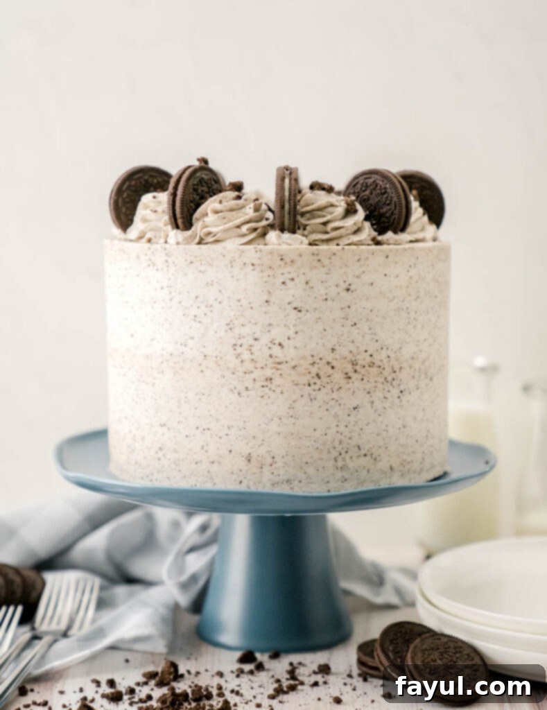 A beautifully sliced piece of the Ultimate Cookies and Cream Cake on a plate, with a fork ready to enjoy.