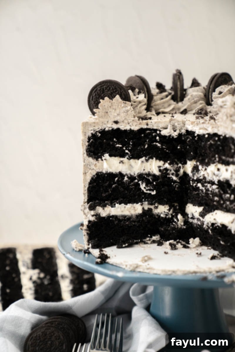 Overhead shot of the assembled Cookies and Cream Cake, showing the beautiful layers and frosted top, ready to be sliced.