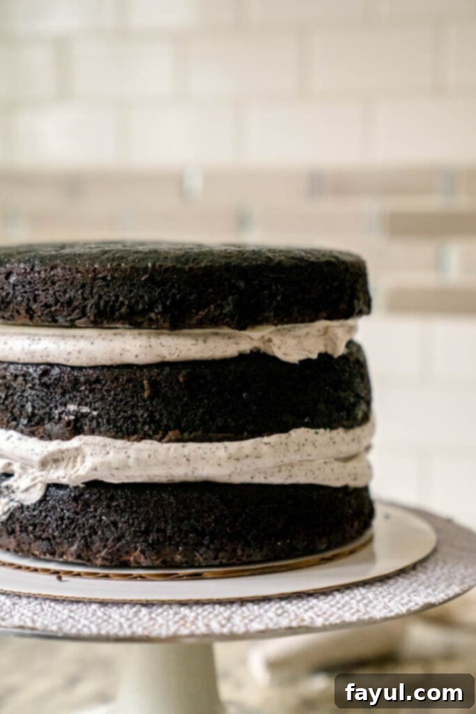The baked Oreo cookie crust in a round cake pan, perfectly golden brown and ready for the cake batter.