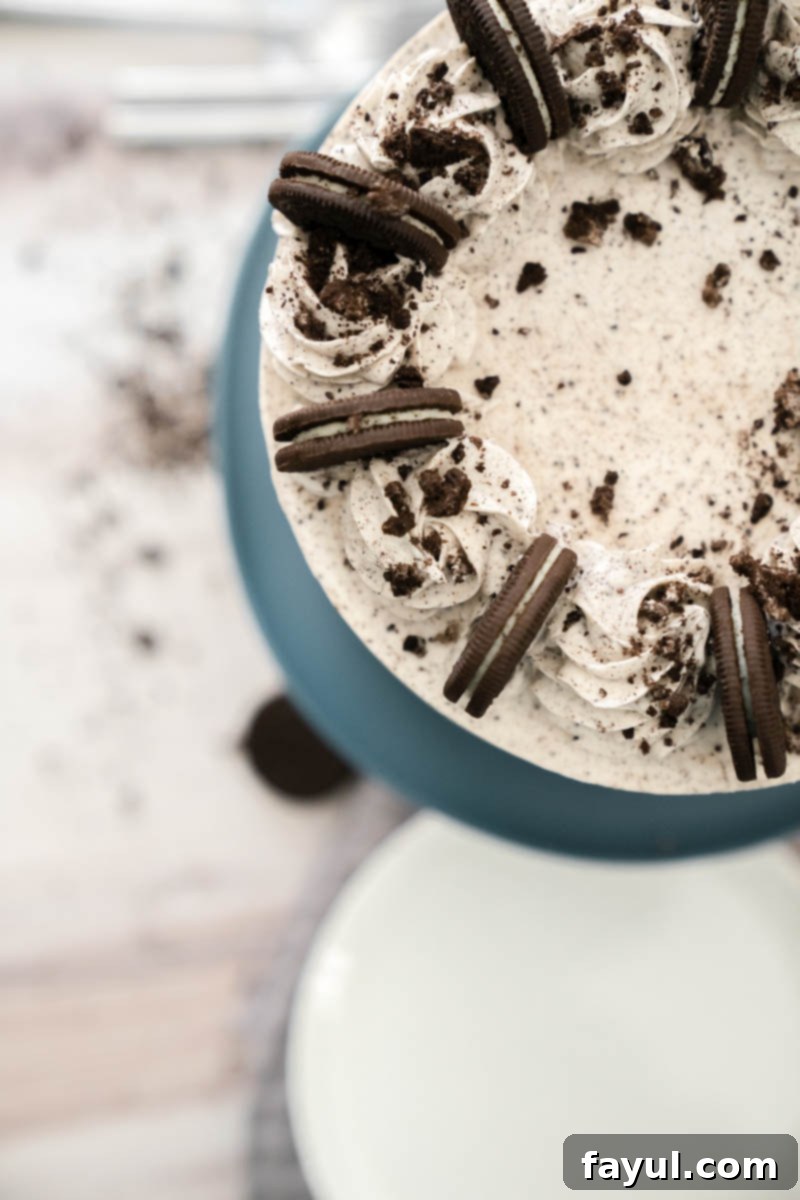 A side view of the Cookies and Cream Cake layers, showcasing the texture of the chocolate cake and the crispness of the Oreo crust.