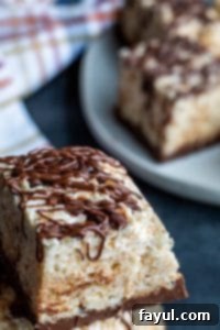 Close-up of a single Nutella Rice Krispie Treat, with blurred background of more treats and a plaid towel