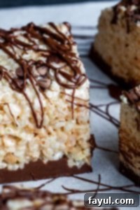 Close-up of a single Nutella Rice Krispie Treat on parchment paper