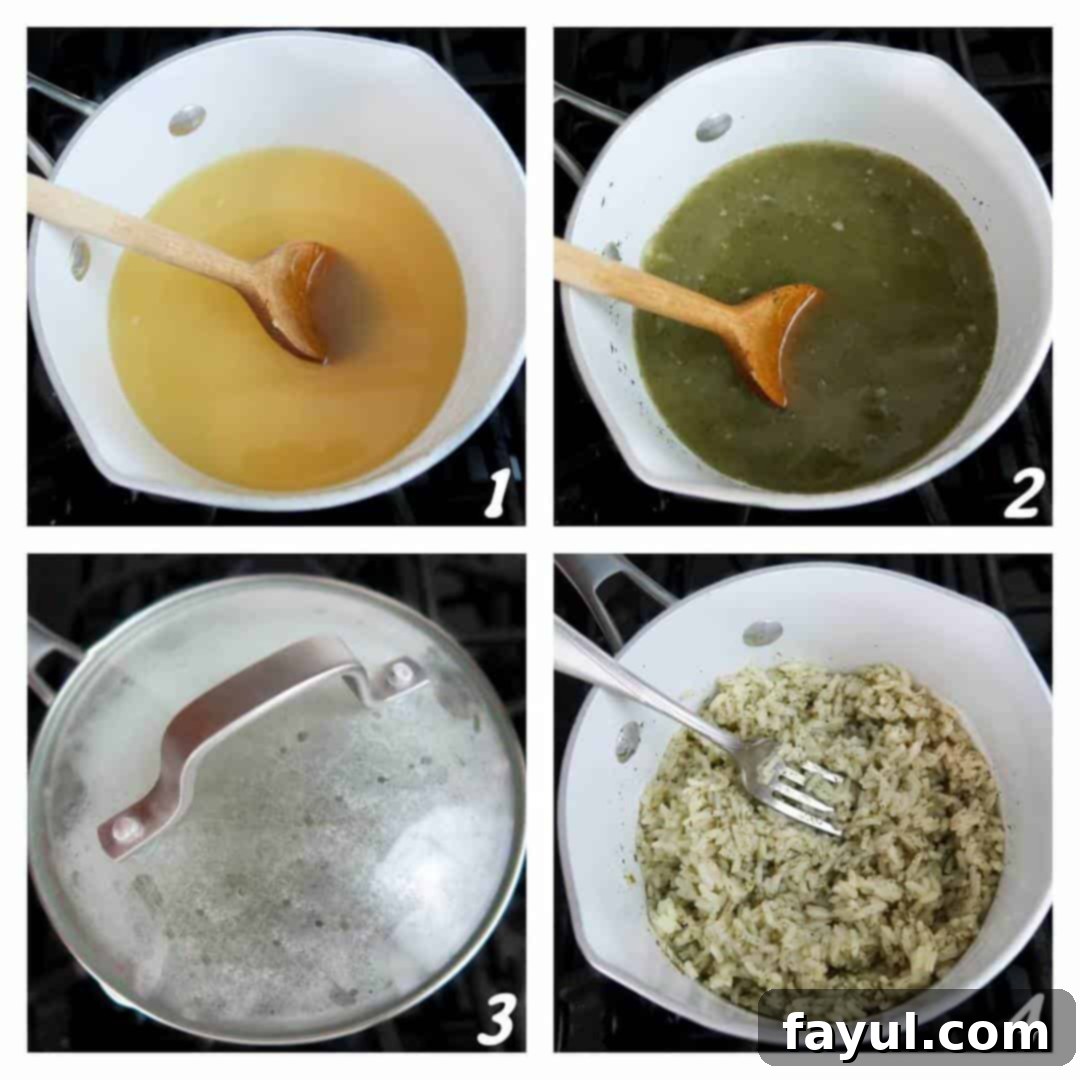 Four panel collage of process shots- mixing together ingredients, simmering ingredients over low heat, and fluffing with a fork.