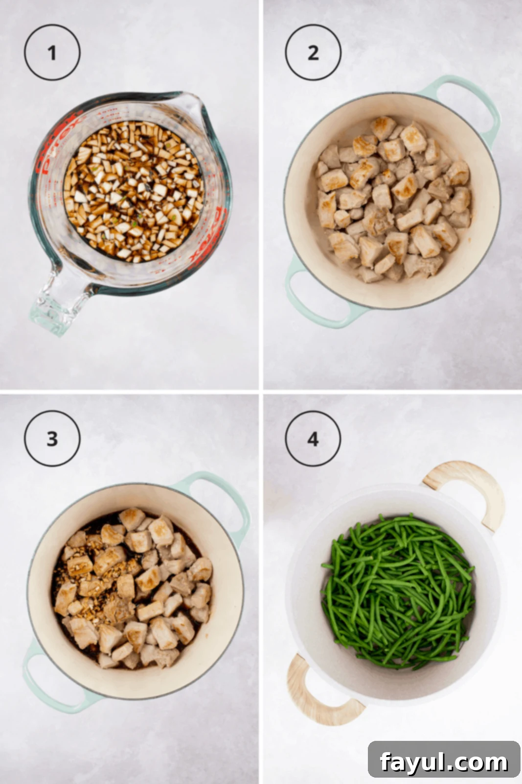 Process shot for making pork and green beans.