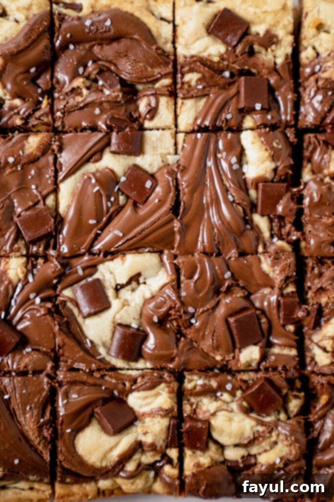 Close-up of the gooey Nutella swirl in a blondie batter.
