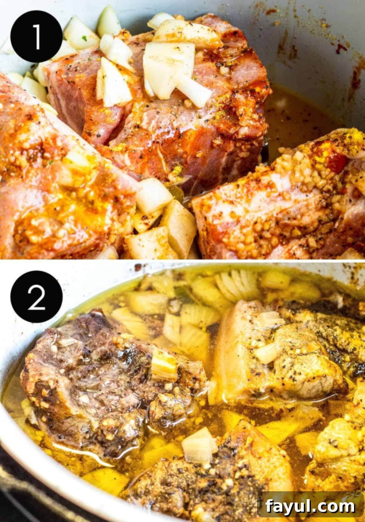 Two prep image collage showing pork being cooked in slow cooker.
