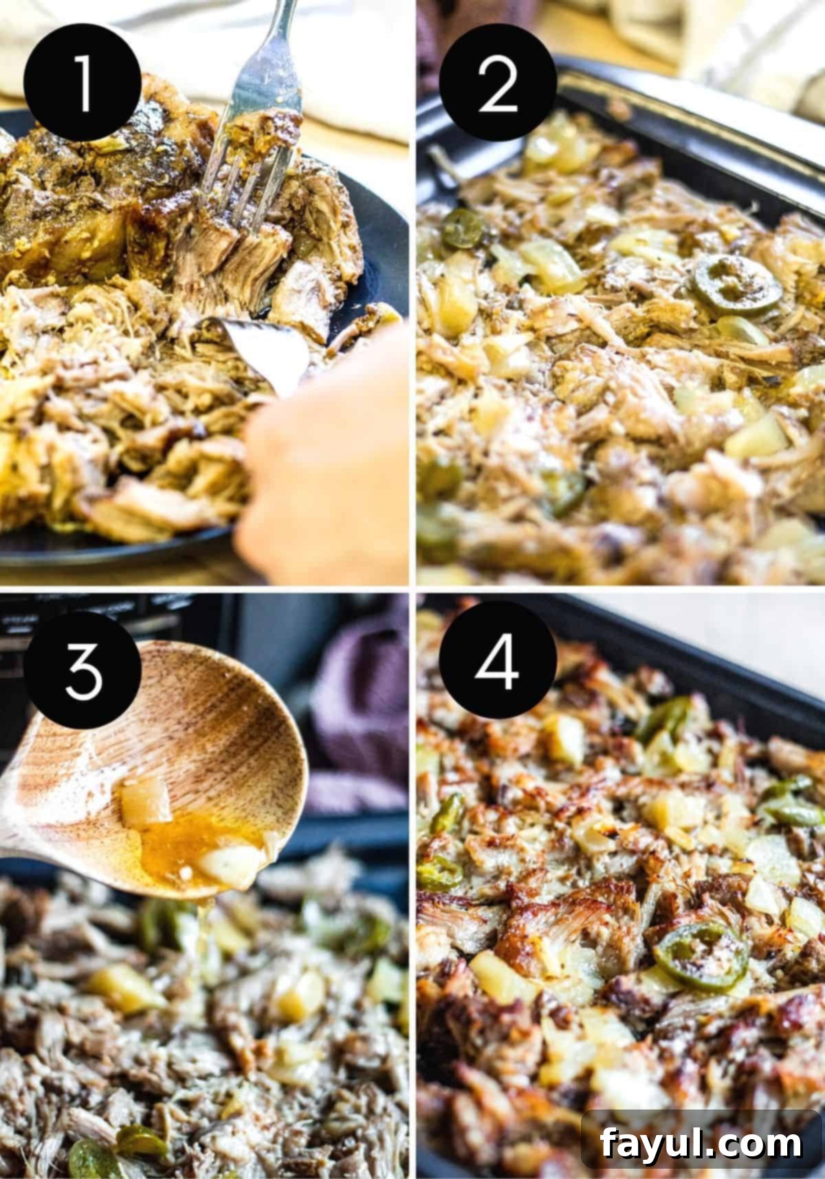 Four prep image collage showing pork be shredded and broiled.