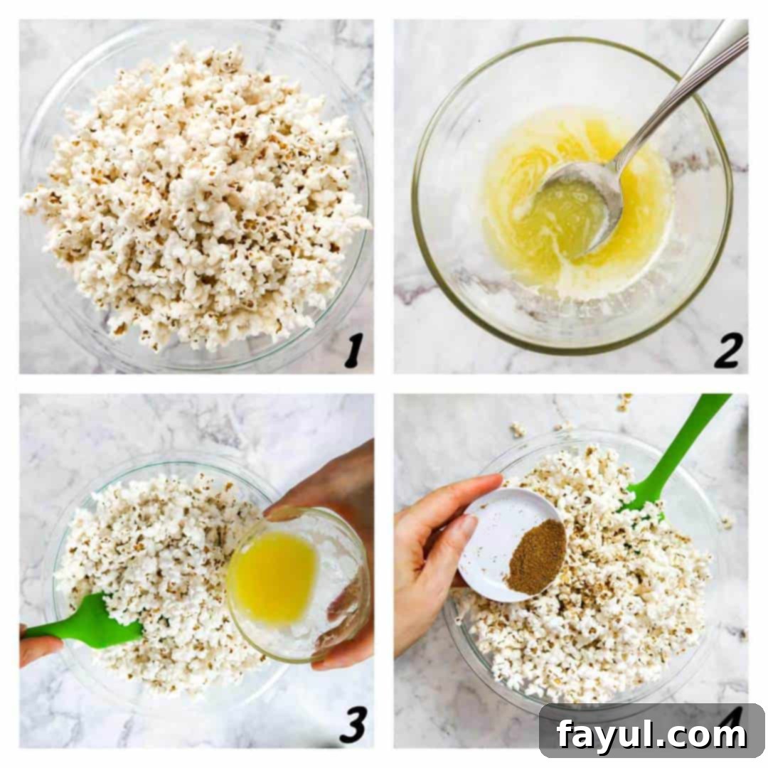 Four panel grid of process shots- make popcorn, combine ingredients and coat popcorn in ingredients.