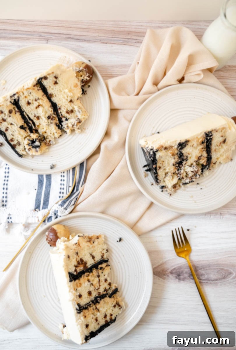 A close-up of the cake's layers with cookie dough and chocolate chips visible.