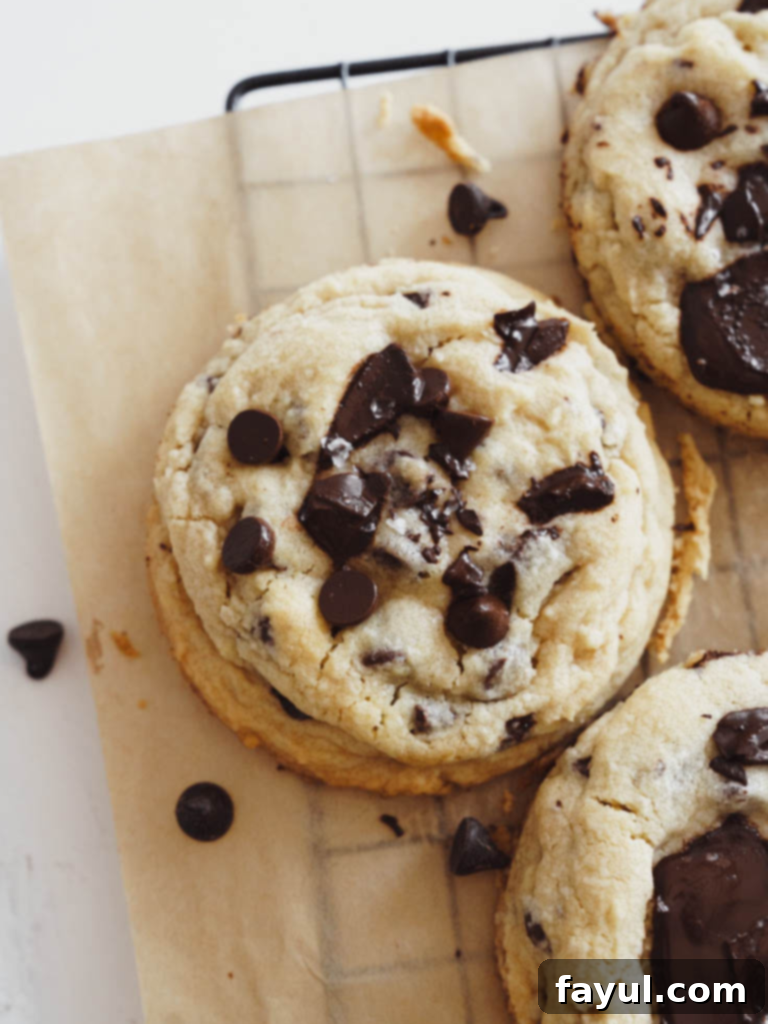 Perfectly baked chewy chocolate chip cookie with melted chocolate chunks