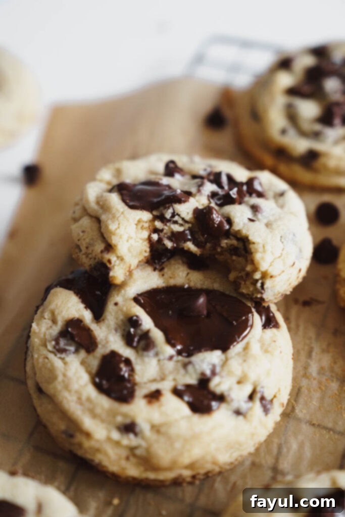 Close-up of freshly baked chocolate chip cookies on a cooling rack