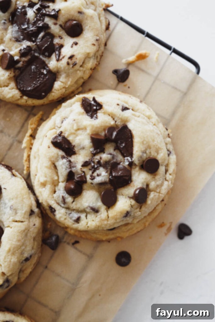 Close-up of a single chocolate chip cookie, revealing its chewy texture