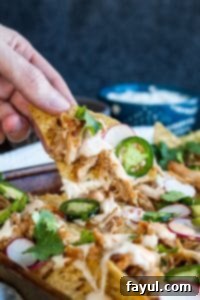 Hand reaching for a crispy tortilla chip loaded with melted cheese, flavorful pork carnitas, and a slice of fresh jalapeño.