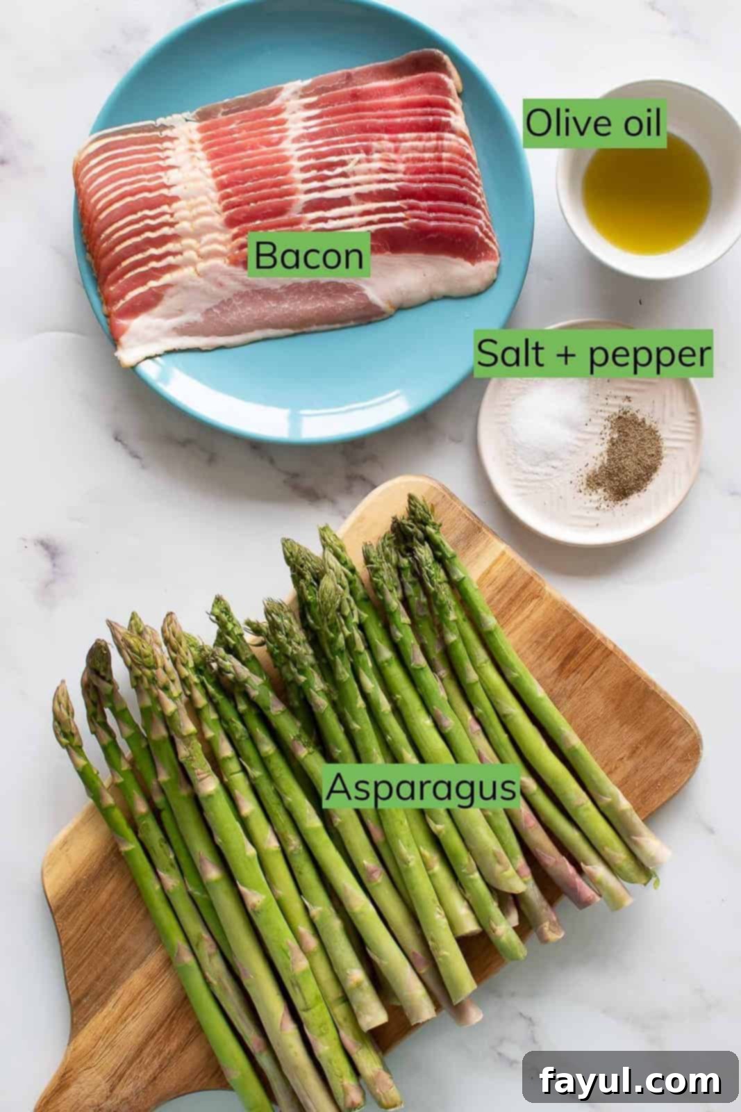 The simple ingredients for bacon wrapped asparagus laid out on a table: fresh asparagus, bacon strips, olive oil, salt, and pepper.