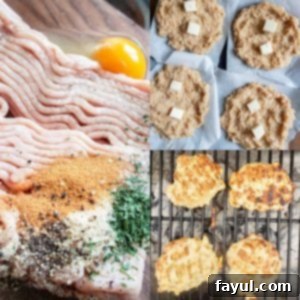 A collage of three preparation images showing the steps to make grilled chicken burgers: forming patties, adding butter, and placing them on the grill.