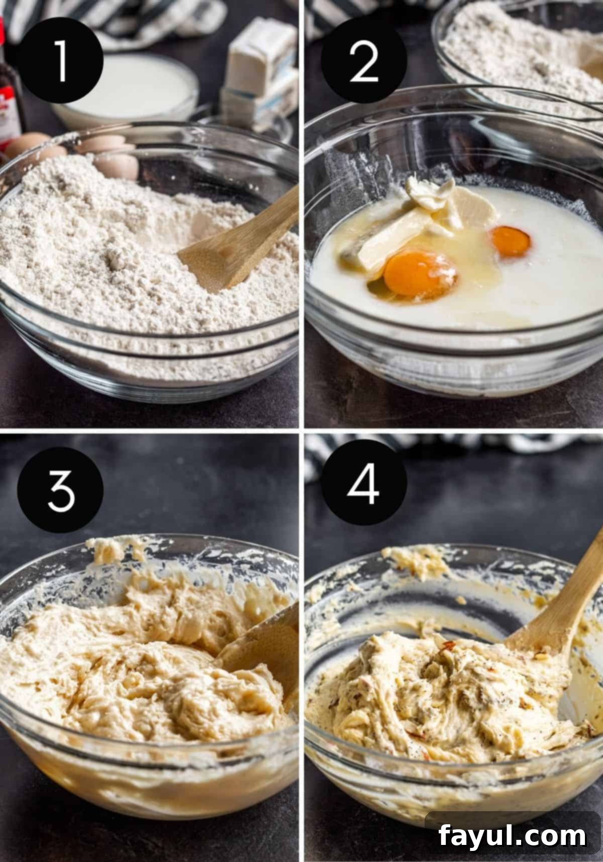 Four image prep collage showing poppy seed muffin batter being made.