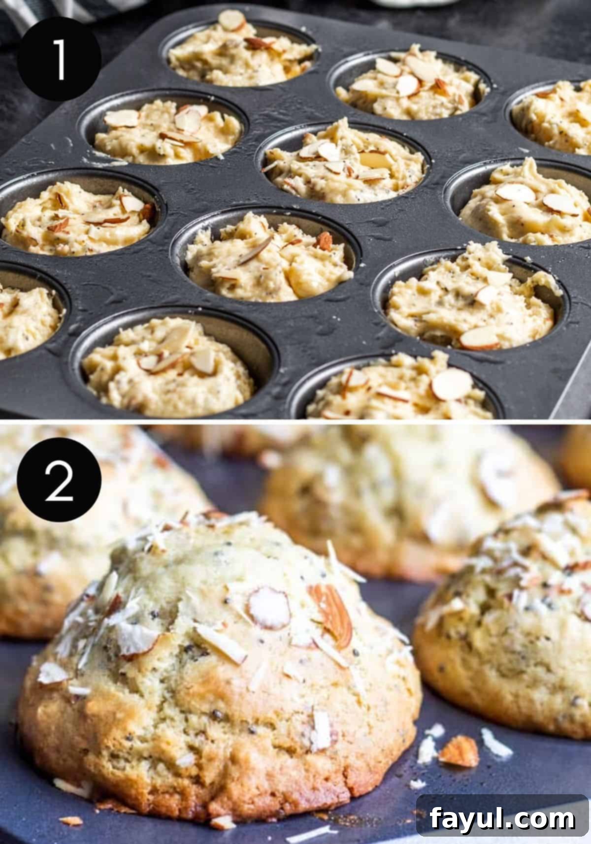 Two image collage showing muffin batter in tin and finished muffins.