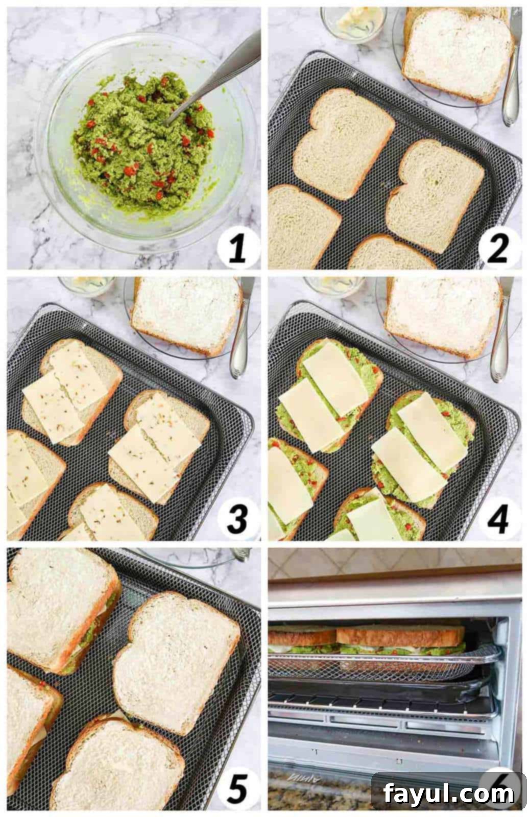 Six panel collage of process shots- mixing together ingredients, layering on bread, and baking in the air fryer.
