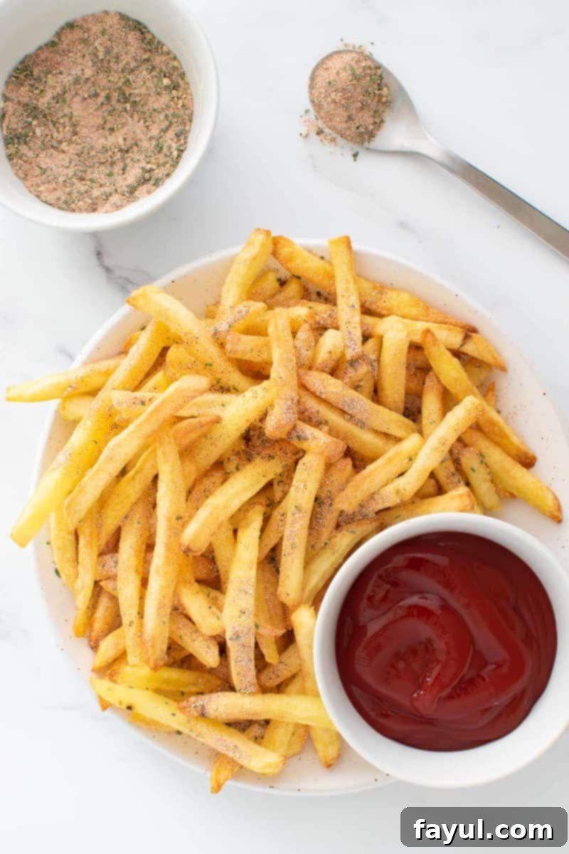 A plate of perfectly seasoned french fries with a small bowl of ketchup on the side.