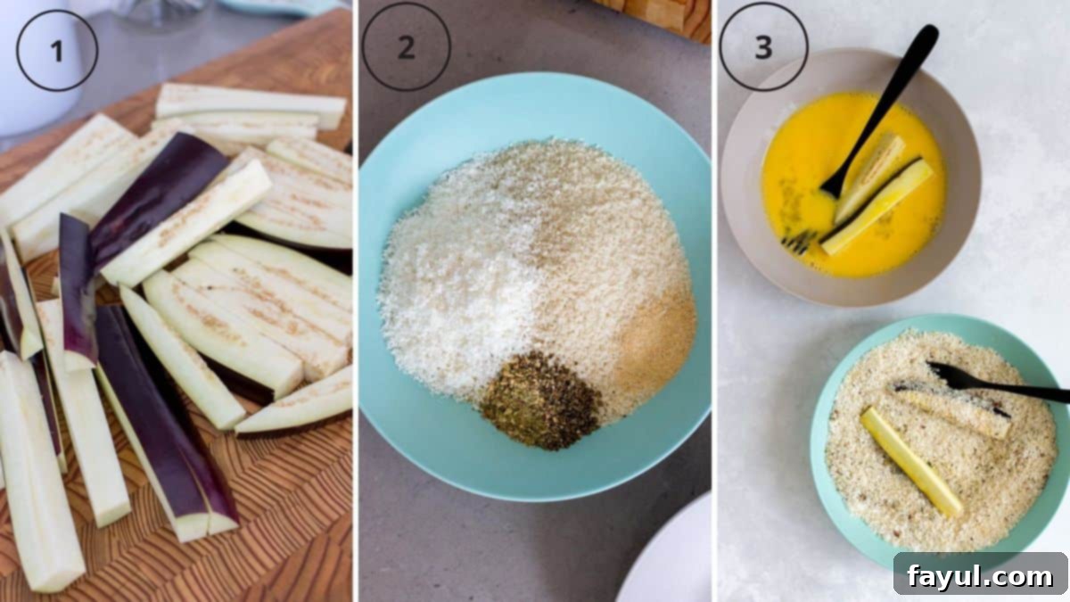 Set of three photos showing eggplants cut up, coating mix, and then eggplant sticks being coated in egg and coating.