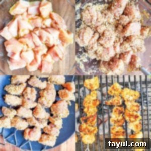 Prep image for grilled chicken spiedini. Image is a collage and shows the step by step process.