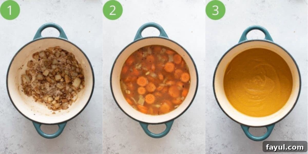 A collage of step-by-step images showing the process of making carrot and lentil soup, from sautéing ingredients to blending.