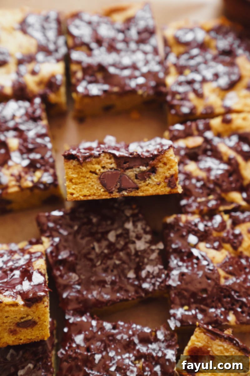 Close-up of a stack of Pumpkin Chocolate Chip Blondies