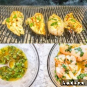 Three-panel prep image showing the cilantro lime marinade ingredients, raw chicken marinating in a bag, and chicken cooking on a grill.