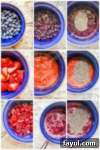 Prep image for jam recipe showing step by step in several images. All featured the same blue pot.