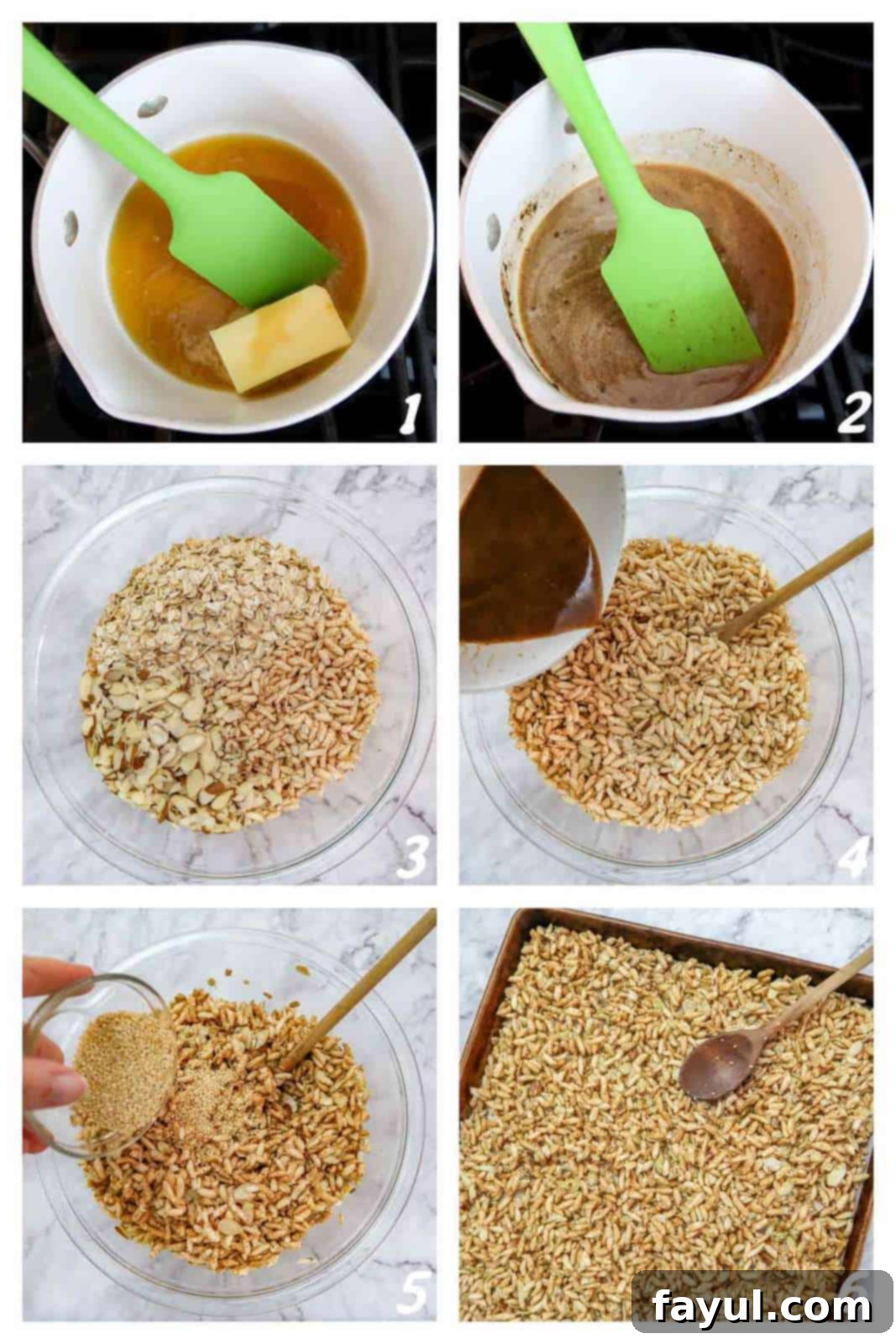 6 photo collage of the steps to make maple vanilla granola.