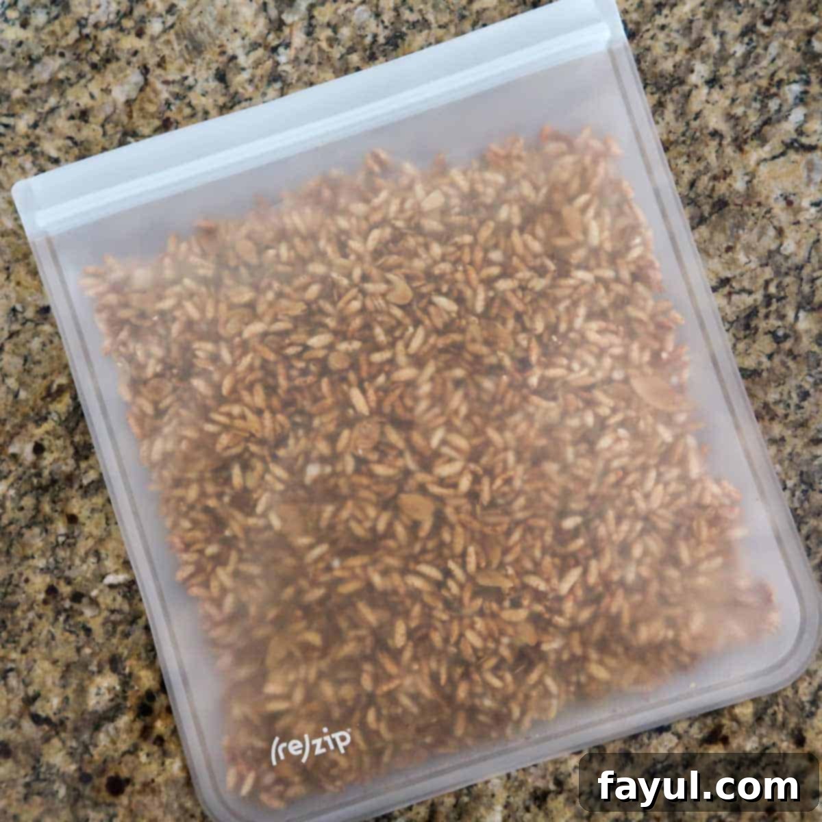 Overhead photo of granola stored in a reusable zip top bag.