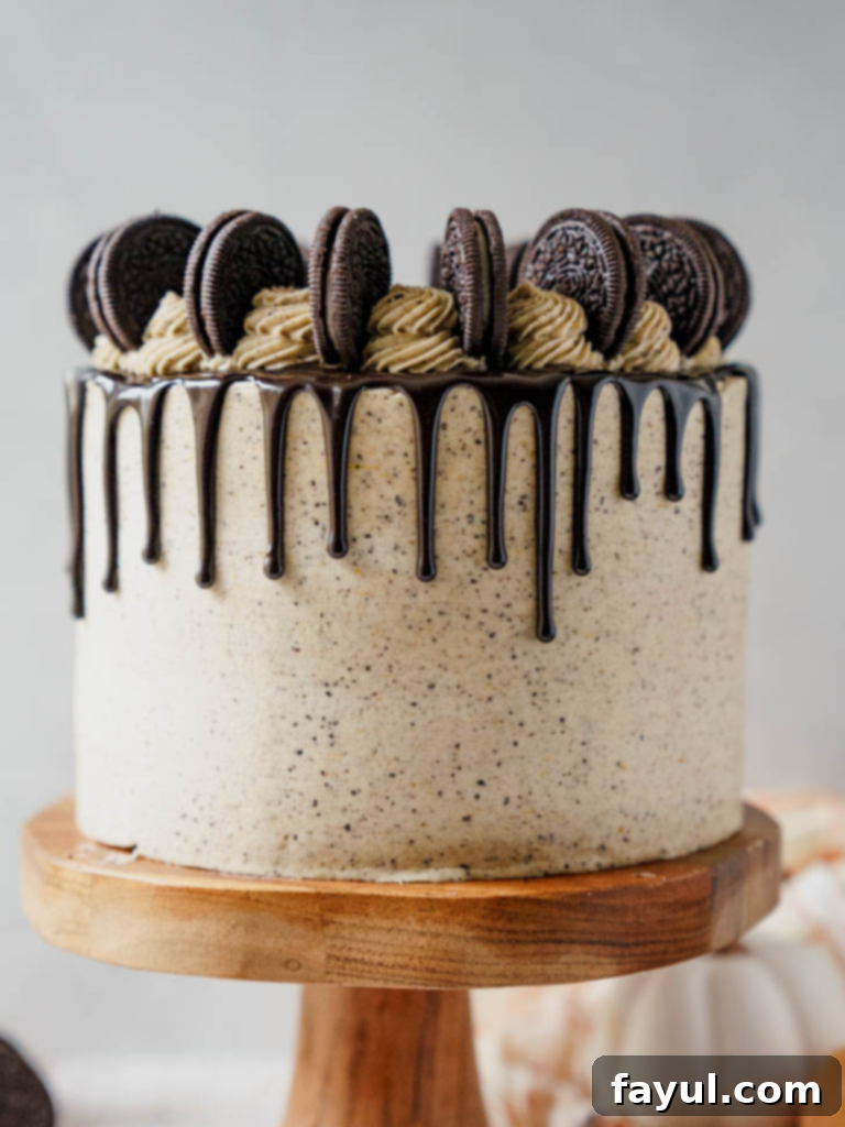 Slice of Pumpkin Oreo Cake showing layers of pumpkin cake, cream cheese filling, Oreo crust, and pumpkin Oreo buttercream.