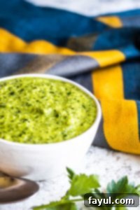 This Easy Chimichurri Sauce recipe is the best for grilled meats, veggies, as a marinade, or a dip! This traditional Argentinian sauce is ready in only five minutes and made with cilantro, parsley, olive oil, spice, and garlic. Also this sauce is naturally healthy, vegan, gluten free, low-card, whole 30, keto, and paleo. #sauce #chimichurri #easyrecipe #vegan Chimichurri sauce in a white bowl with a blue cloth in the background.