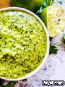 This Easy Chimichurri Sauce recipe is the best for grilled meats, veggies, as a marinade, or a dip! This traditional Argentinian sauce is ready in only five minutes and made with cilantro, parsley, olive oil, spice, and garlic. Also this sauce is naturally healthy, vegan, gluten free, low-card, whole 30, keto, and paleo. #sauce #chimichurri #easyrecipe #vegan Close up overhead shot of sauce in a white bowl with lime next to it.