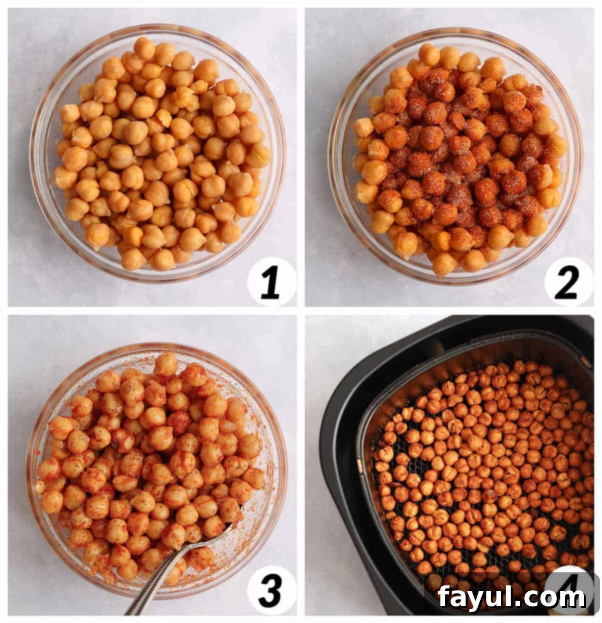 Four panel collage of process shots- draining chickpeas, mixing ingredients, and cooking in the air fryer.