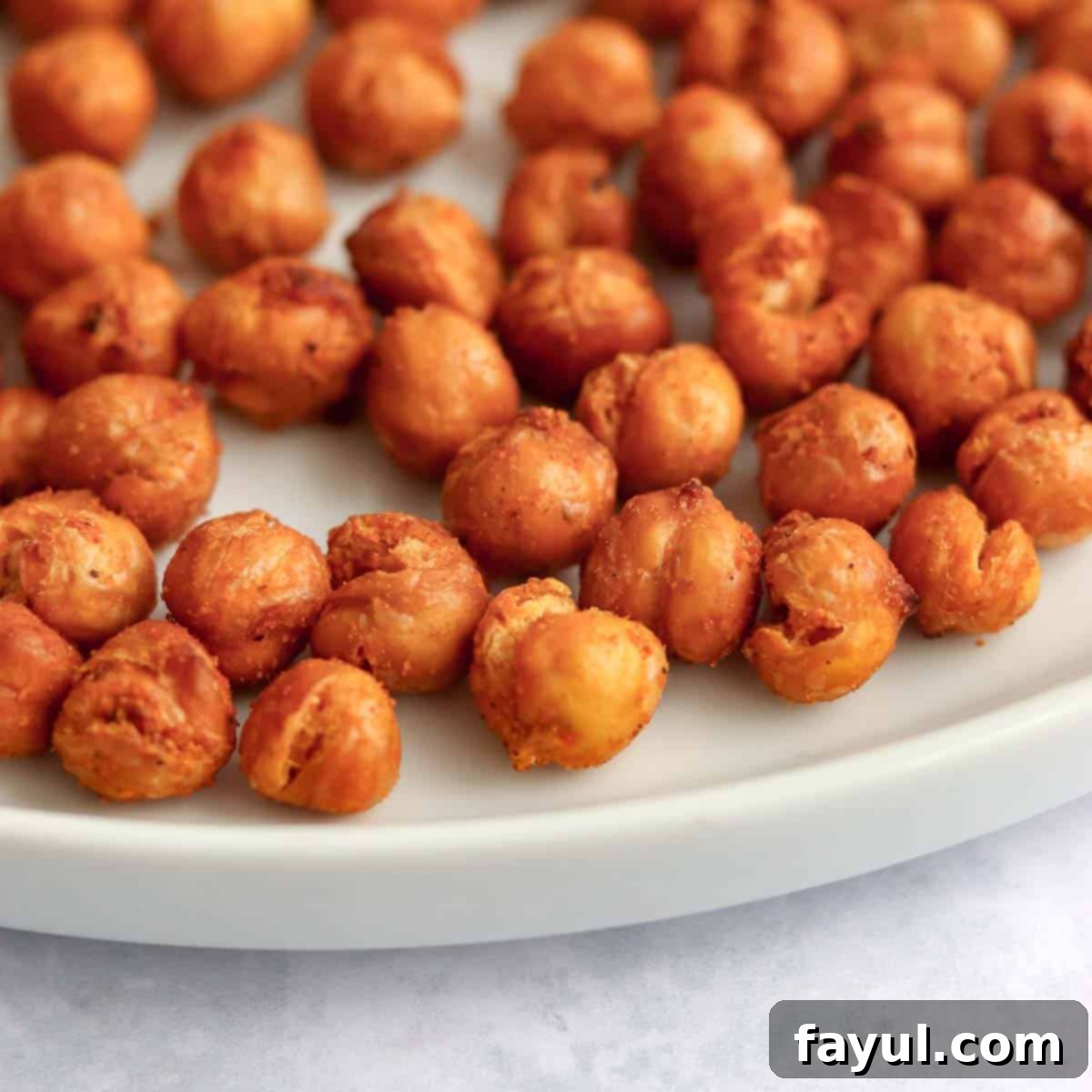 Close up side view of crispy chickpeas on a white plate on a marble surface.