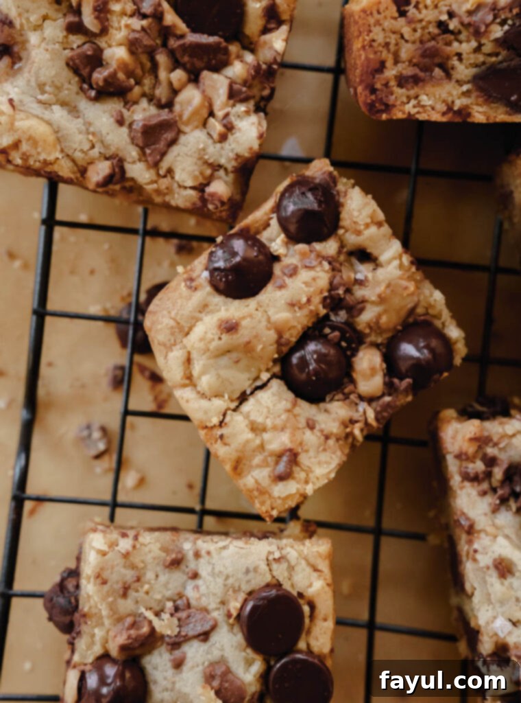 A tray of Dark Chocolate Toffee Blondies, perfectly baked.