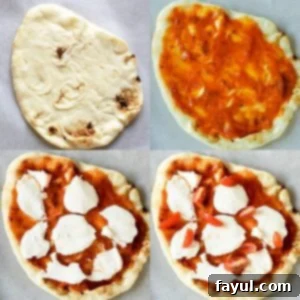 This Easy Margherita Pizza Recipe is easy, fast and vegetarian! This recipe is perfect for families, mine loves having this for dinner! This recipe uses naan bread, mozzarella cheese and basil pesto! #pizzarecipes #flatbread Prep photo for the easy margherita pizza recipe. There are four images in the photo collage. All are shot from above and the same size. All are also on a white piece of parchment paper. The top left is a single piece of naan bread. The top right is the same piece of naan bread with red marinara sauce on it. The bottom left is the same bread with sauce but with chunks of mozzarella cheese. The last picture on the bottom right is the same photo but with tomatoes sprinkled on top.