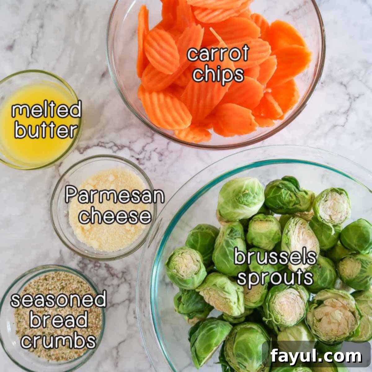 Overhead shot of ingredients- carrot chips, Brussel sprouts, melted butter, parmesan cheese, and seasoned bread crumbs.