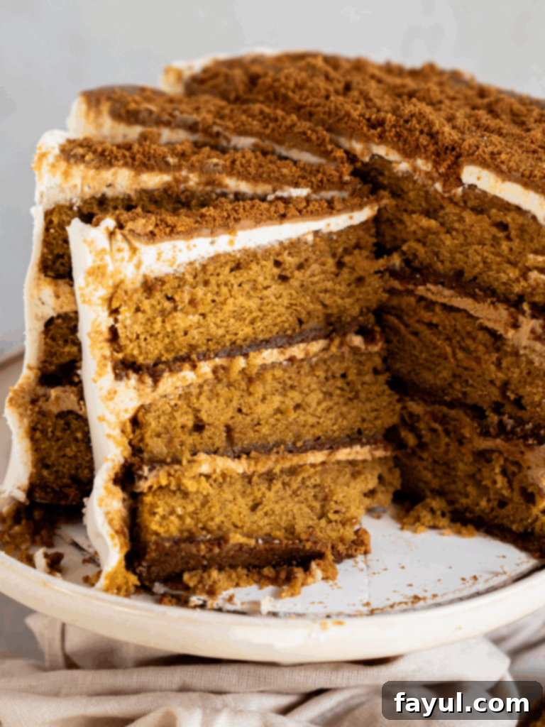 Slice of pumpkin biscoff cake showing biscoff cookie crust and pumpkin spice cake layers, with white chocolate frosting and cookie crumbs