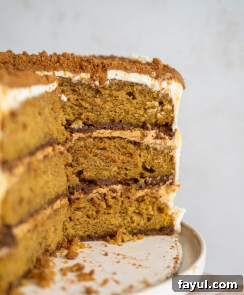 Two pumpkin biscoff cake layers stacked with cookie butter filling, being frosted with white chocolate buttercream