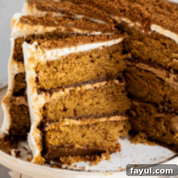 Slice of pumpkin biscoff cake showing biscoff cookie crust and pumpkin spice cake layers