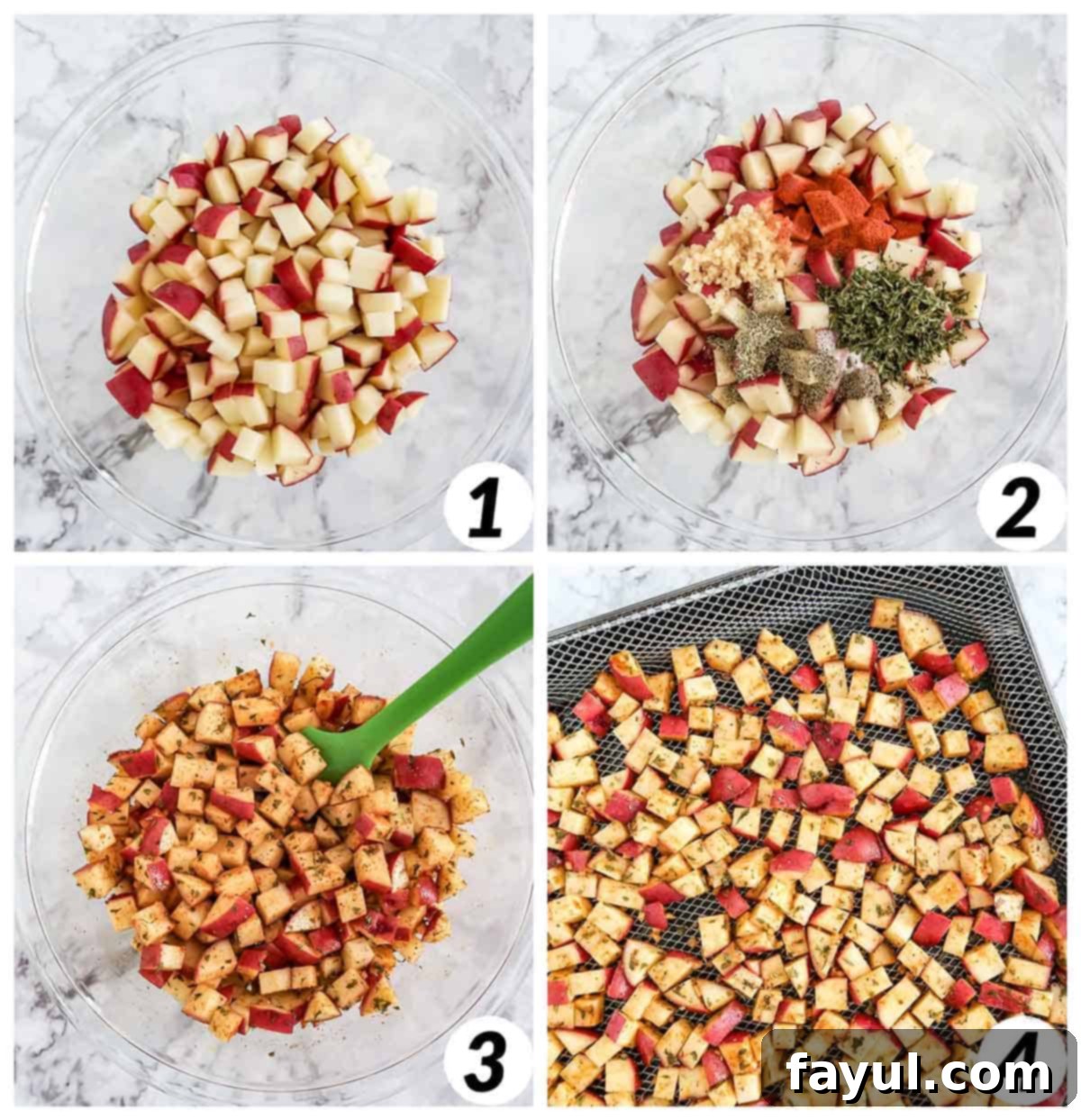 A four-panel grid showing process shots of making air fryer breakfast potatoes: cutting potatoes, mixing all ingredients in a bowl, and then baking them in the air fryer basket.