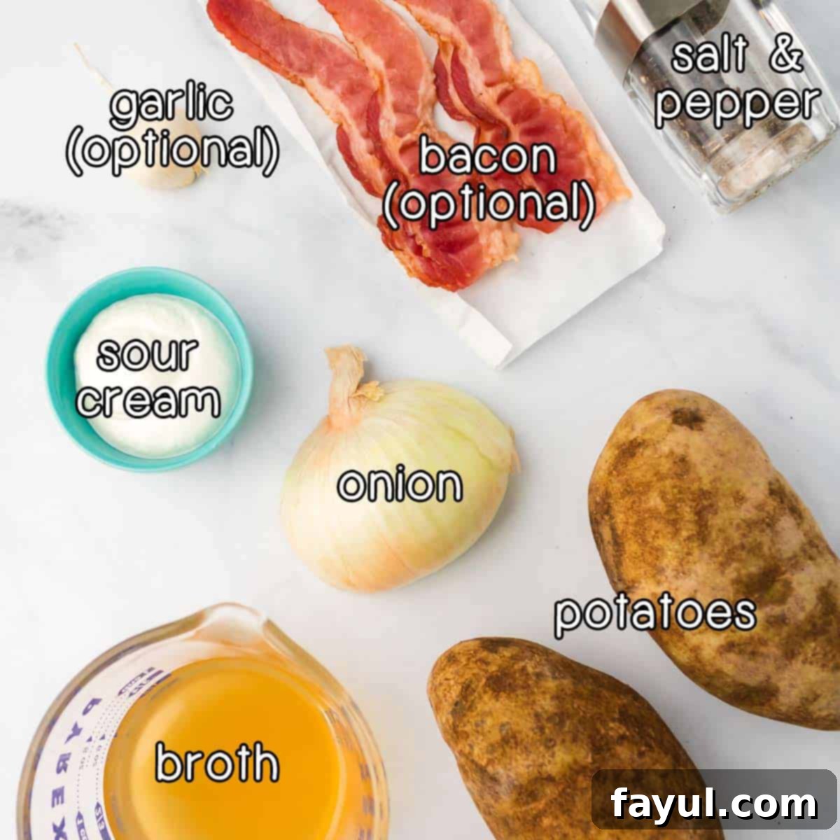 Overhead shot of ingredients- potatoes, onion, broth, sour cream, optional garlic, optional bacon, and salt and pepper.