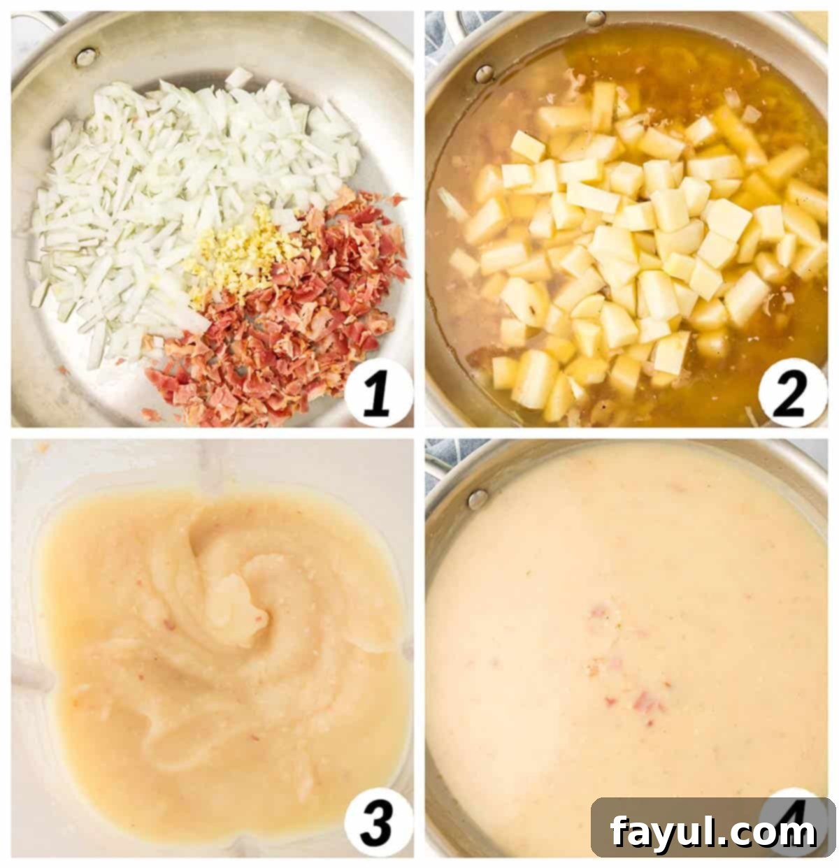 Four panel rid of process shots- combining ingredients gradually in a pot and blending until smooth.