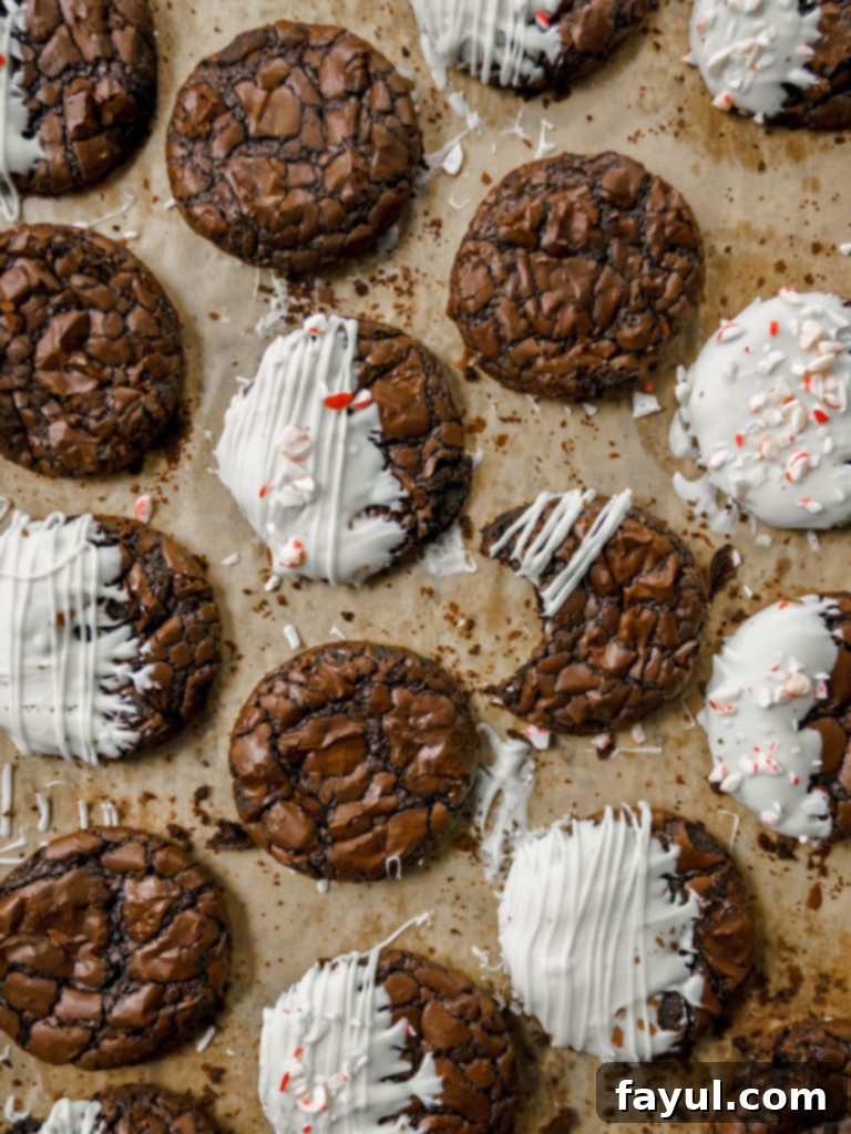 Fudgy Brownie Cookies dipped in white chocolate with crinkle tops