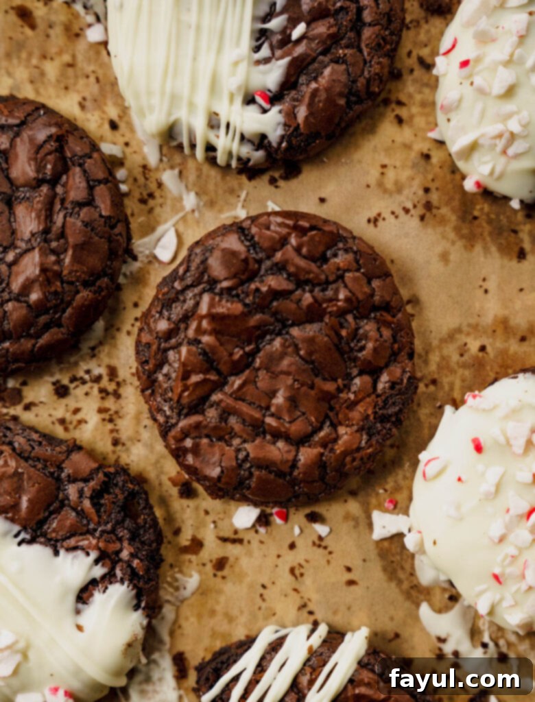 Fudgy brownie cookies cooling on a wire rack, some dipped in white chocolate