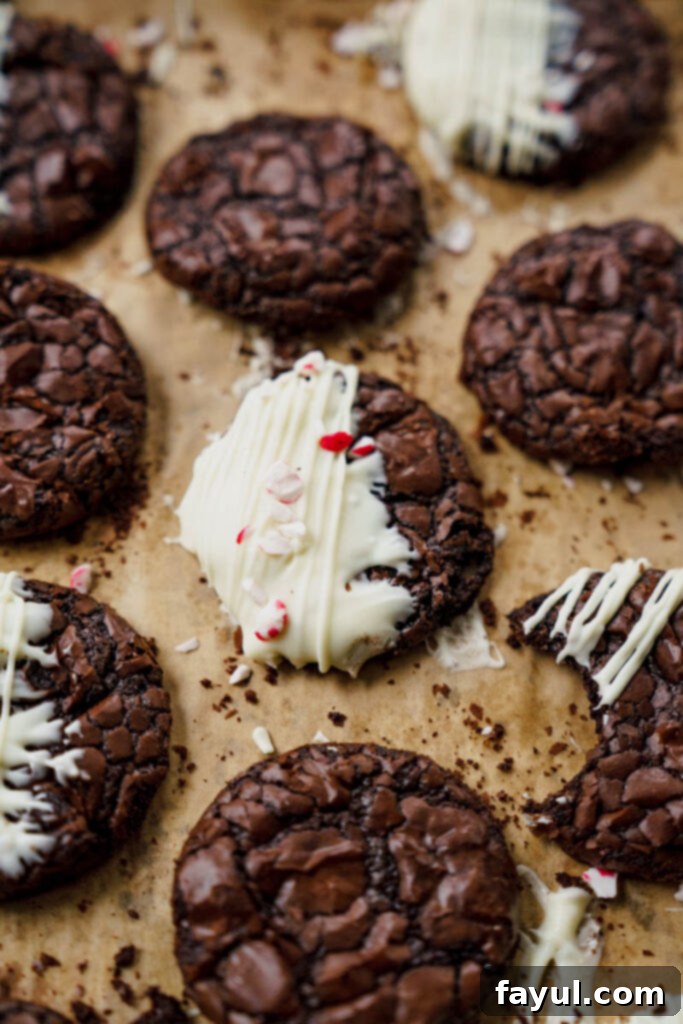 Fudgy brownie cookies with a perfect crinkle top, some dipped in white chocolate and peppermint